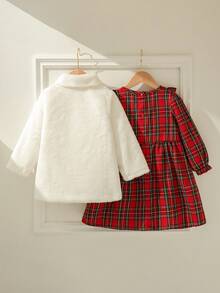 SHEIN 2件套 女童秋冬新款 2025 红色格子荷叶边长袖露背开领连衣裙 + 蓬松开衫 优雅公主裙外套套装 - 彩色 - 查看 2