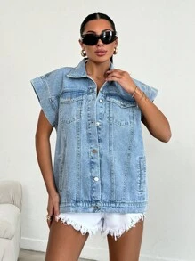 EURMUSE 100%Cotton Elastic Band Detailed, Rigid Vest - Light Wash - View 4