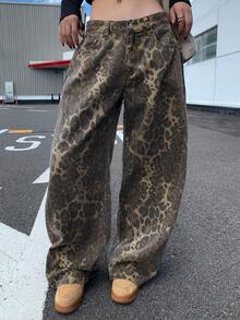 DAZY Quần jean ống rộng dáng rộng, túi họa tiết da báo dành cho nữ - Rỉ Nâu - Xem 7