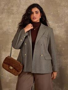 Flirla Cardigan elegant pentru femei de mărime mare, cu rever maro, mânecă lungă, lungime medie - Maro - Vizualizare 6