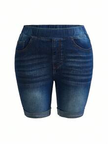 EMERY ROSE Plus Size Women's Elastic Waist Denim Shorts With Pockets And Rolled Hem Design For Casual Wear