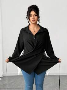 Elenzga Plus Size Women Gothic Prep With Wednesday Twist Contrast Lace Elegant Lightweight Binding Shirt Fall Cloth For Women - Black and White - View 4
