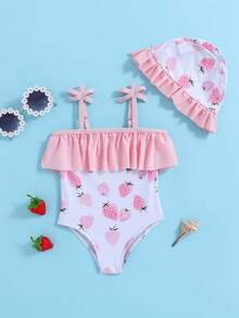 SHEIN Babygirl 夏季可爱草莓图案荷叶边细肩带连体泳衣（带帽） - 粉色 - 查看 9