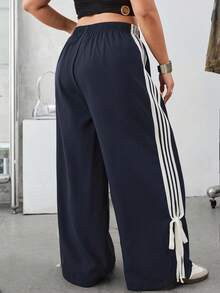 SHEIN EZwear 秋冬大码撞色条纹侧缝休闲裤 - 藏蓝色 - 查看 2