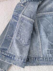 SHEIN Playful Pals 年轻女孩休闲宽松牛仔夹克，甜美英式刺绣和可爱兔耳印花，百搭时尚，适合日常穿着