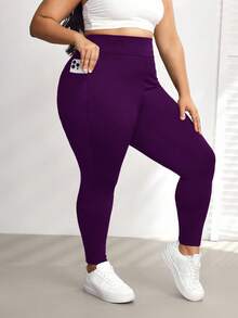 SHEIN CURVE+ Quần legging thể thao yoga co giãn có túi bên hông cỡ lớn, vải thoáng khí, mùa hè - Màu tím - Xem 7