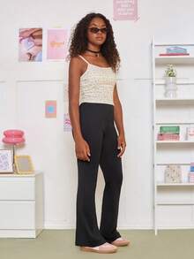 SHEIN Teen Girls Solid Flare Leg Trousers - Black - View 9