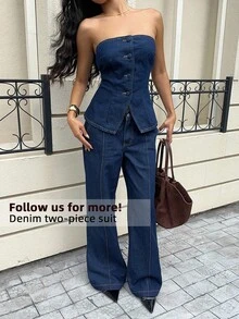 Siren Gaze 女式纯色前扣吊带背心和牛仔裤套装 - 深色水洗藍 - 查看 1