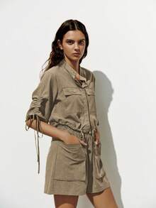 Lumivelle Set de 2 piezas con camisa de utilidad con botones y cordón delantero, y shorts con bolsillo, conjunto casual de unicolor - Caqui - Ver 1