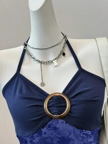 SHEIN EZwear 蓝色复古花卉图案女式吊带背心，适合夏季 - 藍色 - 查看 5