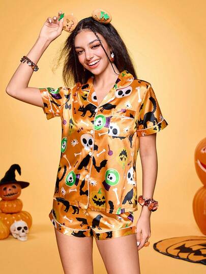 Notgurli Conjunto de pijama de 2 piezas con cardigan de manga corta, pantalones cortos y estampado de esqueleto, calabaza, fantasma y murciélago para fiesta familiar de Halloween