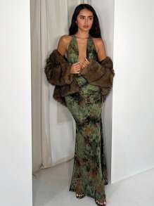 Glamine Robe longue élégante dos nu à col en V profond, style rétro en velours tie-dye pour femmes - Multicolore - Voir 4