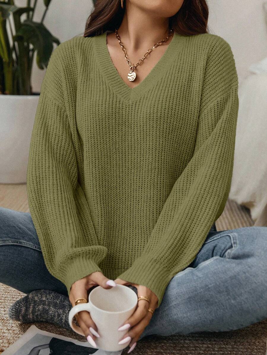 SHEIN LUNE Sweater Kasual Ukuran Besar Warna Polos Leher V Bahu Jatuh, Pakaian Musim Gugur/Dingin untuk Wanita - Hijau - View 1