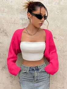 EURMUSE Y2K Grunge Drop Shoulder Open Front Crop Cardigan Without Tube Top - Hot Pink - View 11