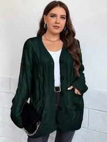 EURMUSE Plus Size Casual Solid Color Front Button Textured Knit Cardigan, Autumn/Winter - Dark Green - View 5