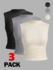 SHEIN Essnce 3 chiếc áo ba lỗ không tay cổ xếp ly đơn giản cho nữ - Nhiều màu - Xem 1