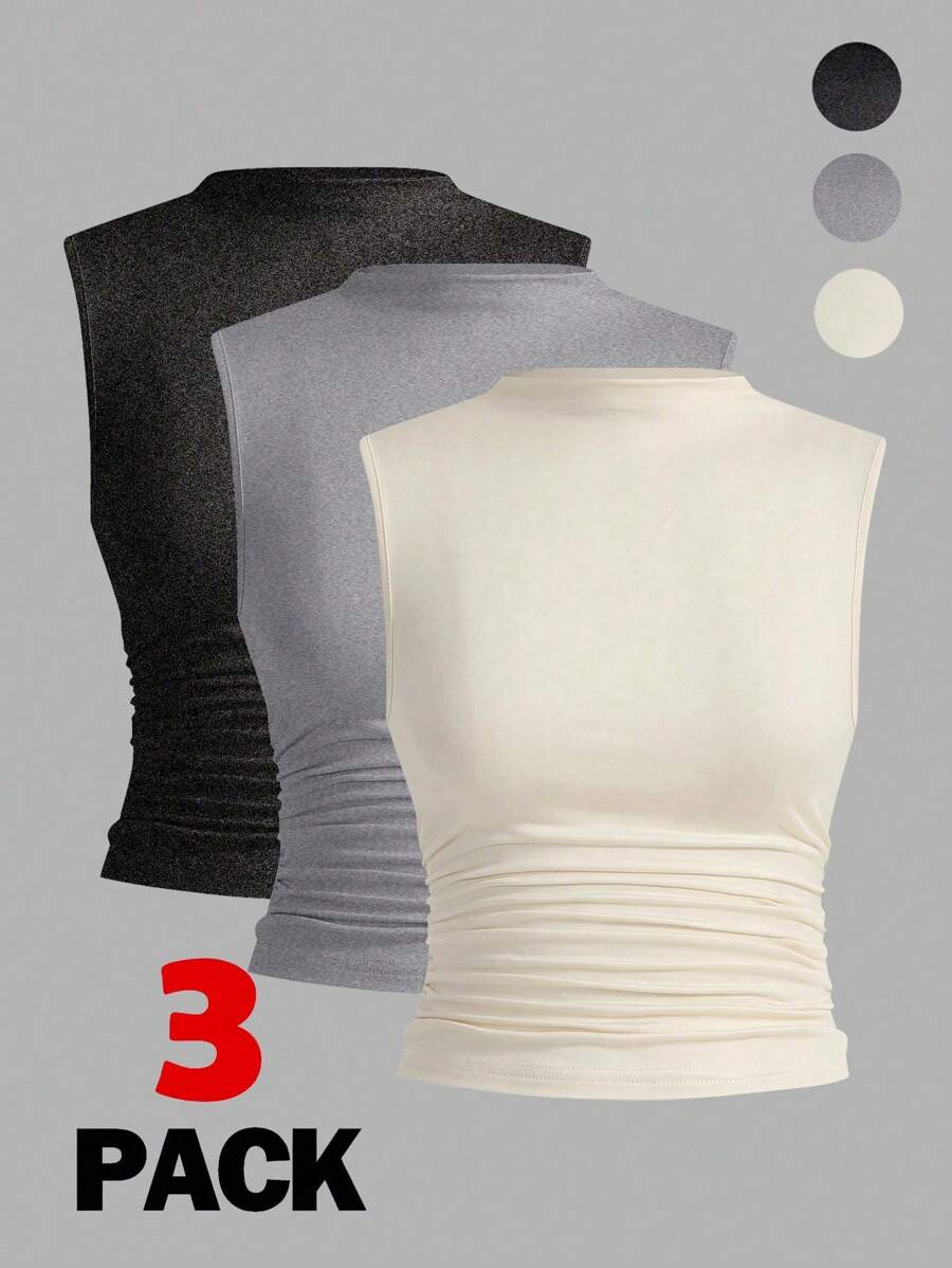 SHEIN Essnce 3 chiếc áo ba lỗ không tay cổ xếp ly đơn giản cho nữ - Nhiều màu - Xem 1