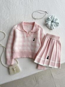 SHEIN Playful Pals Young Girl Autumn/Winter Casual Commuting School Style Rabbit Embroidery Gingham Pattern V-Neck Sweater And Pleated Skirt Set Fall - Pink - View 3