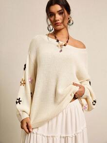 SHEIN VCAY Plus Size Loose Fit Sweater With 3D Floral Decor And Drop Shoulders Autumn Winter Clothes For Women - Beige - View 1