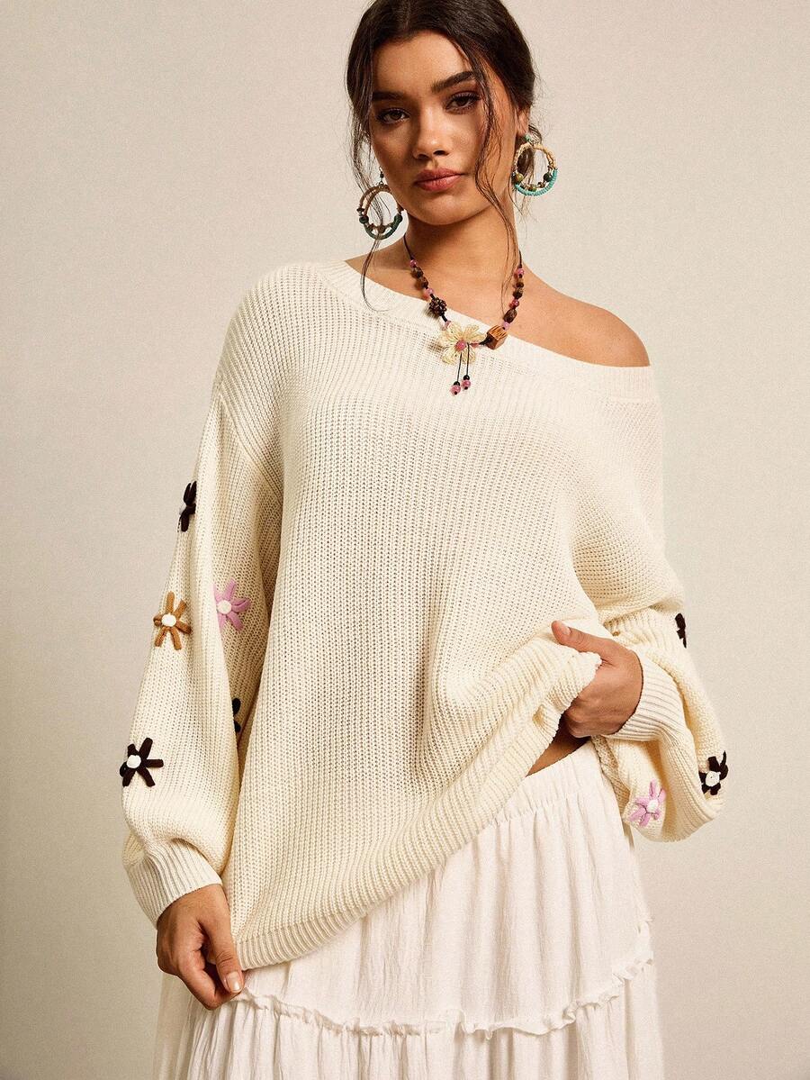SHEIN VCAY Plus Size Loose Fit Sweater With 3D Floral Decor And Drop Shoulders Autumn Winter Clothes For Women - Beige - View 1
