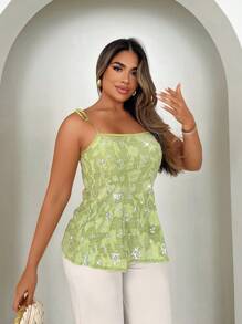 Xyvia 女士夏季提花亮片设计优雅吊带背心 - 綠色 - 查看 5