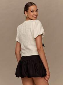 Enchnt Women's Short Puff Sleeve Elegant Bow Tweed Blouse - White - View 7