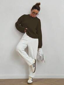 Flirla 女士纯色落肩长袖宽松休闲套头衫，秋季 - 咖啡棕 - 查看 5