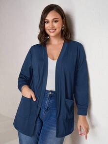 Chikora Plus Size Black Knit Pocket Loose Fit Cardigan With Pockets,Business Casual Woman Winter Fall Autumn - Dusty Blue - View 3
