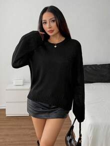 SHEIN PETITE Women's Black Solid Color V-Neck Loose Knit Sweater, Suitable For Petite Size, Autumn/Winter,Fall,Black Top