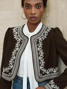 GENKIRA Women's Short Jacket With Embroidered Blue And White Porcelain Pattern, Crew Neck - Coffee Brown - View 3