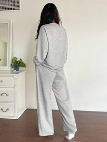 DAZY 女士字母印花装饰宽松运动衫睡衣套装，秋冬装，秋季服装，舒适服装 - 灰色 - 查看 2