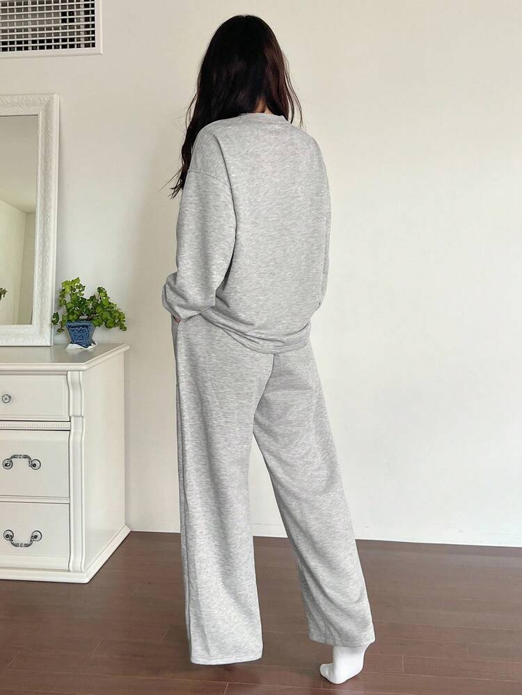 Women's Letter Print Decoration Loose Fit Sweatshirt Pajama Set, Autumn/Winter, Fall Clothes, Cozy Outfits