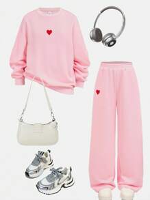 SHEIN Tween Girls Casual Basic Heart Embroidery Loose Fit Crew Neck Sweatshirt And Wide Leg Pants Pink Set, Autumn/Winter Fall
