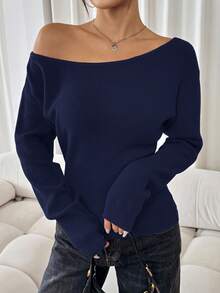 SHEIN SXY 女士纯色不对称领口休闲长袖红色毛衣休闲派对优雅家居性感秋冬休闲圣诞万圣节新年不对称上衣 - 藏蓝色 - 查看 5