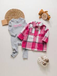 SHEIN Babygirl Plaid Woolen Jacket & Knitted Gray Long Sleeve Jumpsuit Set, Autumn/Winter Fall - Multicolor - View 3