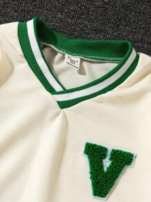 Sudadera holgada para niños, nueva para otoño/invierno, cuello en V pequeño, parche blanco con puños y bajo de canalé tejido en verde, holgada y cómoda, estilo casual