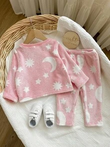 SHEIN Cute Cartoon Pattern Pink Long Sleeve Pajama Set For Babygirl, Autumn/Winter Fall - Pink - View 2