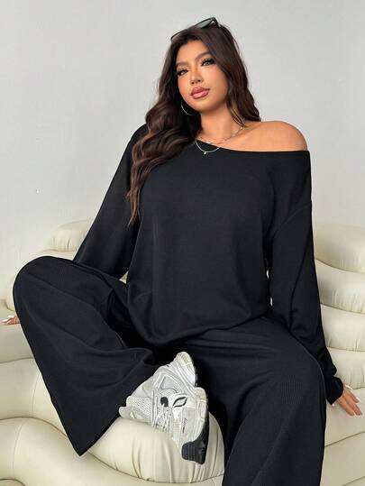 Solflare Plus Size Casual Solid Color Oblique Shoulder Top And Pants 2 Pieces Set, Autumn 2 Pieces Lounge Set Women Women Two Pieces Sets Casual Two Pieces Set Comfortable Two Pieces Set Plus Size Lounge Sets Plus Size Women Sets