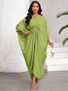 SHEIN Lady 女士休闲宽松蝙蝠袖连衣裙，纯色，适合度假装 女士波西米亚风/波西米亚风/波西米亚风女装 - 綠色 - 查看 3