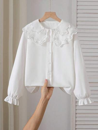 女孩优雅刺绣串珠花瓣领衬衫，公主纽扣休闲长袖衬衫，适合学校、返校、度假、旅行、生日派对、春秋季