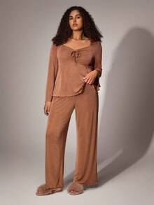 Lazeform Conjunto de pijama de 2 piezas con cuello plisado, lazo decorativo y puño, bajo con abertura y borde de lechuga, talla grande, ropa de otoño para mujer