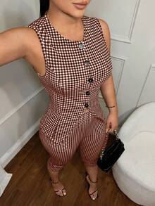 SHEIN SXY 2pcs Plaid Print Button Front Vest Jacket & 1pc Skinny Pants Woman 2 Pieces Outfits Brown Outfit Sleeveless Top And Set Piece Gingham - Brown - View 3