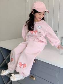 DAZY 2件套少女可爱印花保暖圆领卫衣和运动裤套装，秋季款 - 粉色 - 查看 1