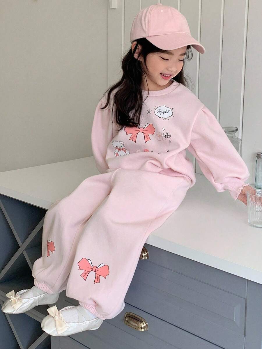 DAZY 2件套少女可爱印花保暖圆领卫衣和运动裤套装,秋季款 - 粉色 - 查看 1