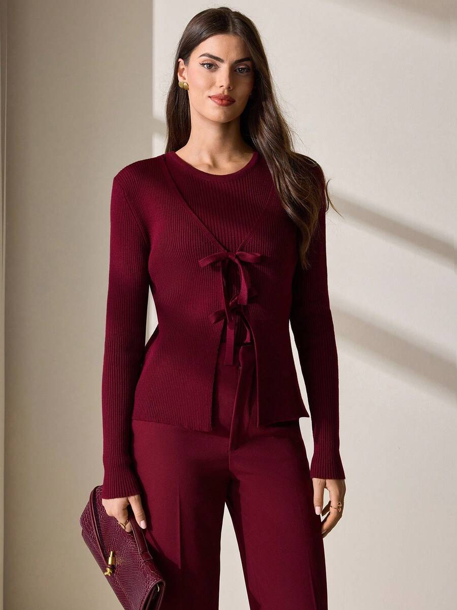 CLARA VERO 女士系带开衫和针织上衣两件套 - 酒紅色 - 查看 1