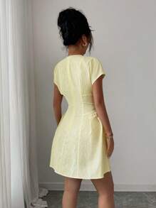 Selianne Round Neck, Off-The-Shoulder Sleeves, Waist-Cinching, Pleated, Creamy Yellow, Jacquard Fabric.Italian Dress - Yellow - View 3