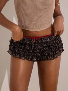 Opulessa 度假针织网眼印花超短女式短裤 - 咖啡棕 - 查看 3