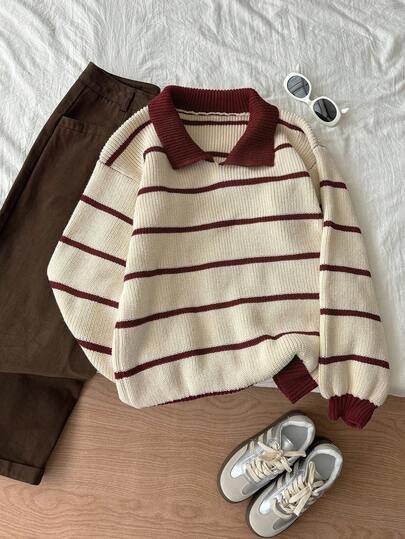 Elamini Women's Casual Everyday College Style Turndown Collar Colorblock Striped Pattern Pullover Sweater, Autumn/Winter