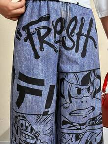 Paul Frank X SHEIN Tween Girl  Fall Clothes, Letter & Cartoon Pattern Trousers Imitation Denim,Back To School ,Tops For School,Homecoming - Blue - View 5