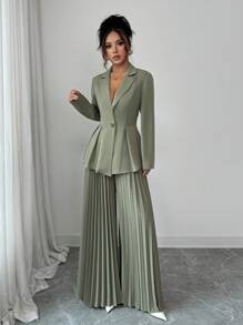 Selianne 2 件套女式长袖西装领收腰 A 字褶喇叭裤套装，绿色，秋冬 - 綠色 - 查看 5